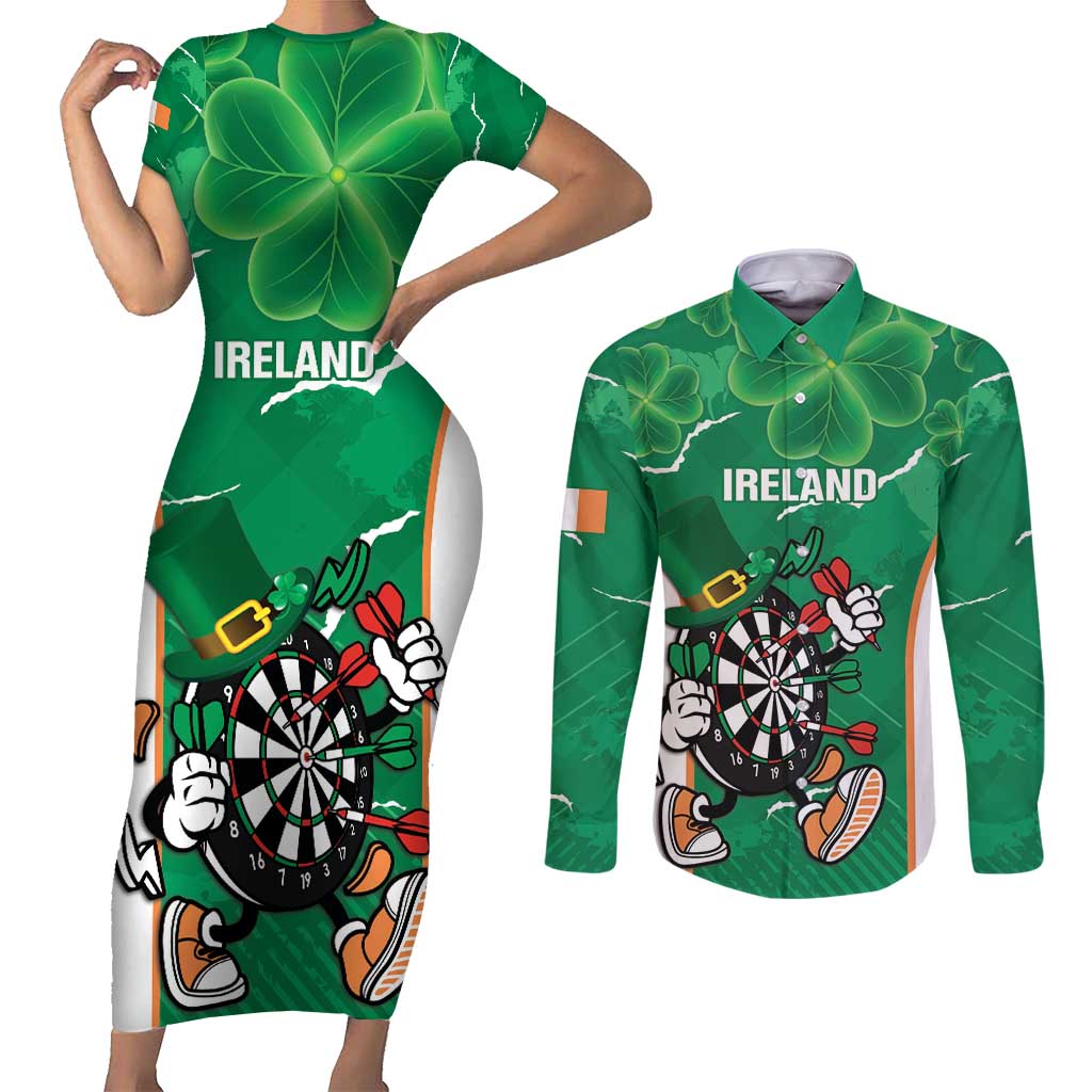 Personalised Ireland Darts Couples Matching Short Sleeve Bodycon Dress and Long Sleeve Button Shirt Irish Dartboard Mascot Shamrock Pattern - Wonder Print Shop