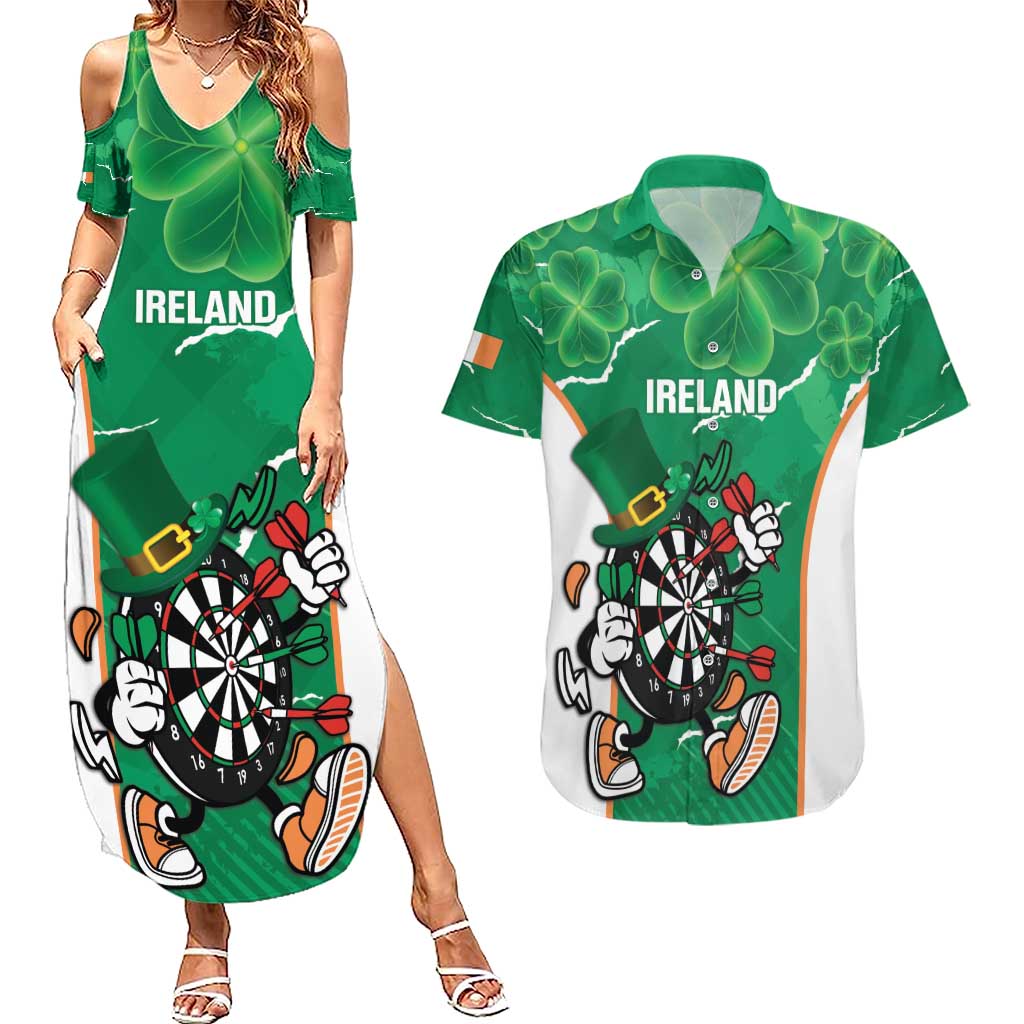 Personalised Ireland Darts Couples Matching Summer Maxi Dress and Hawaiian Shirt Irish Dartboard Mascot Shamrock Pattern - Wonder Print Shop