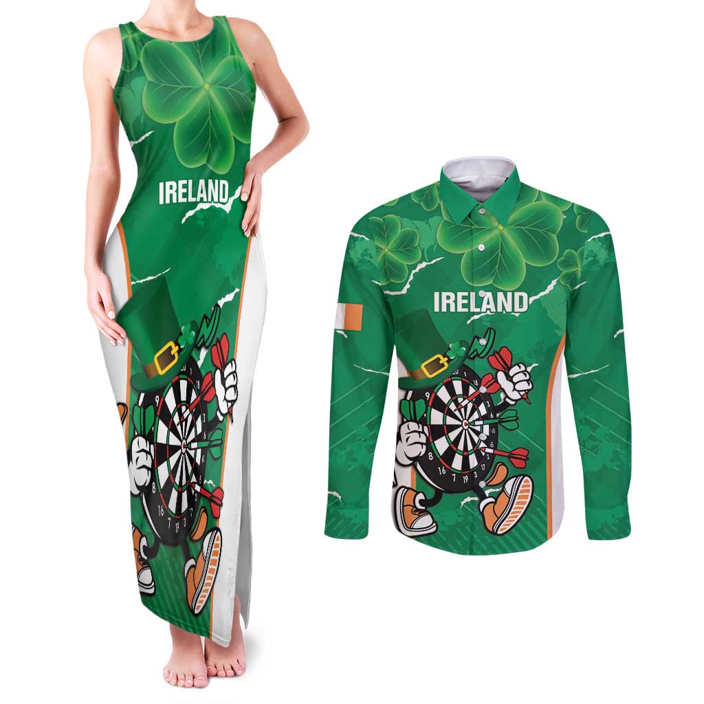 Personalised Ireland Darts Couples Matching Tank Maxi Dress and Long Sleeve Button Shirt Irish Dartboard Mascot Shamrock Pattern - Wonder Print Shop