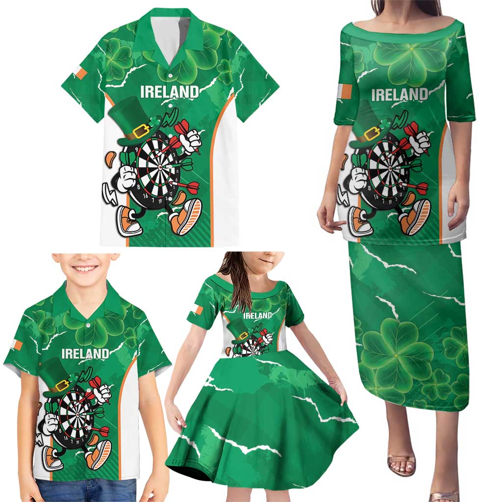 Personalised Ireland Darts Family Matching Puletasi and Hawaiian Shirt Irish Dartboard Mascot Shamrock Pattern - Wonder Print Shop