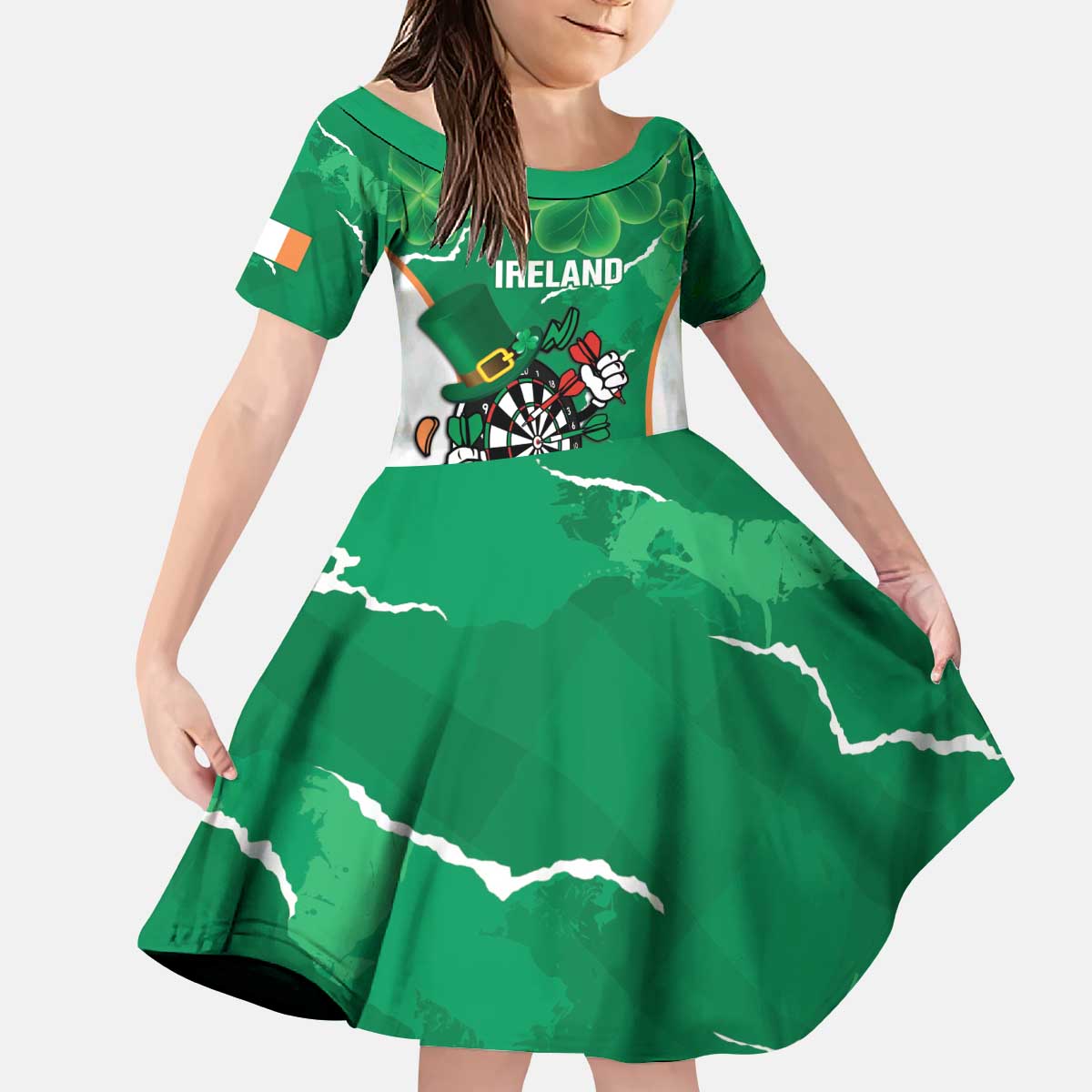 Personalised Ireland Darts Kid Short Sleeve Dress Irish Dartboard Mascot Shamrock Pattern - Wonder Print Shop