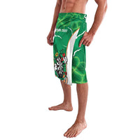 Green wrap skirt with white panel, 'YOUR TEXT' and shamrock darts mascot print