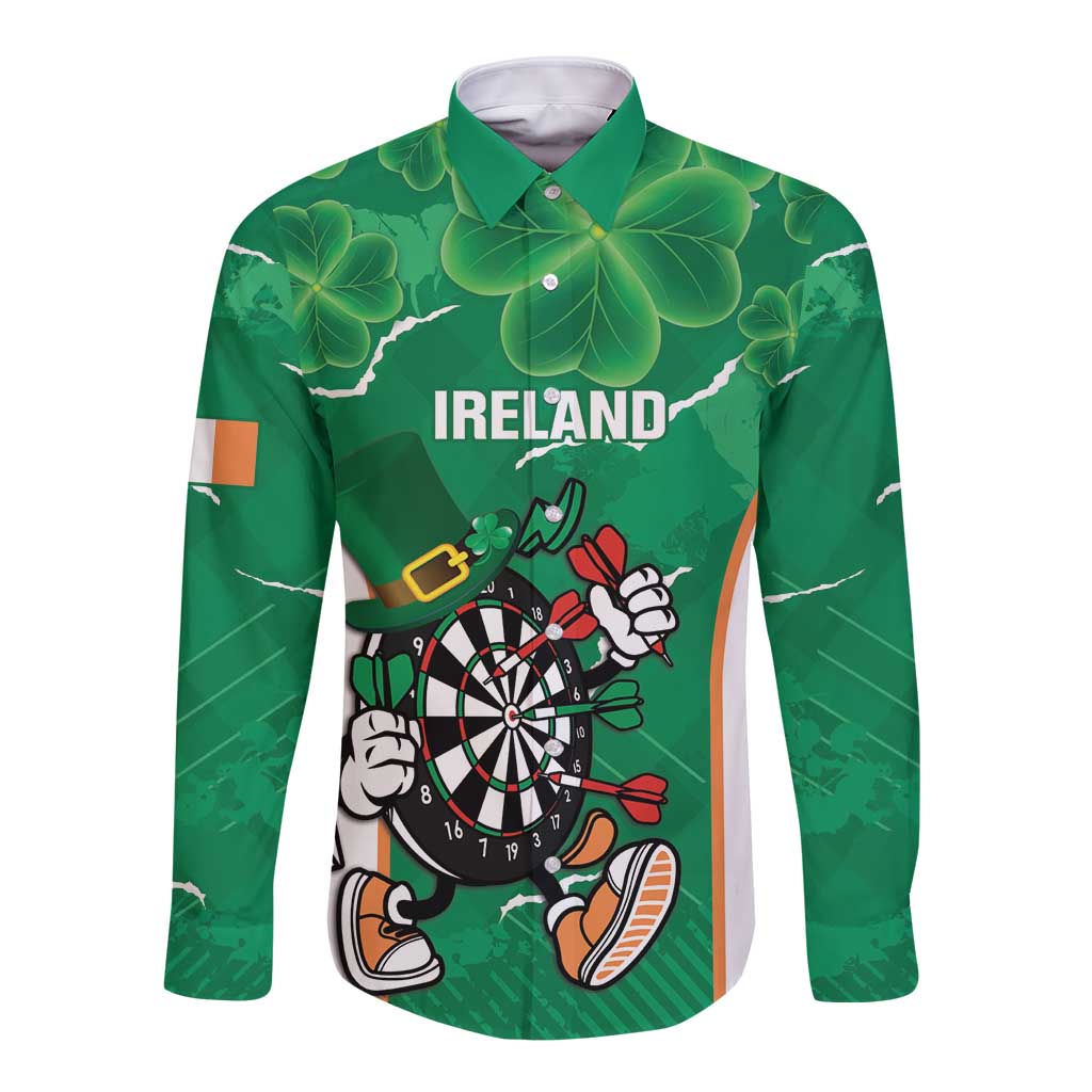 Personalised Ireland Darts Long Sleeve Button Shirt Irish Dartboard Mascot Shamrock Pattern - Wonder Print Shop