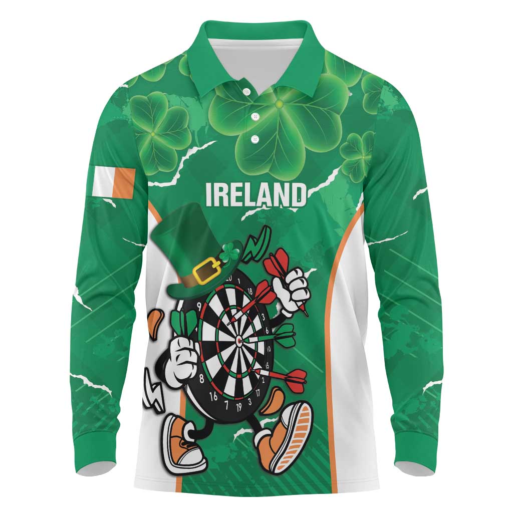 Personalised Ireland Darts Long Sleeve Polo Shirt Irish Dartboard Mascot Shamrock Pattern - Wonder Print Shop