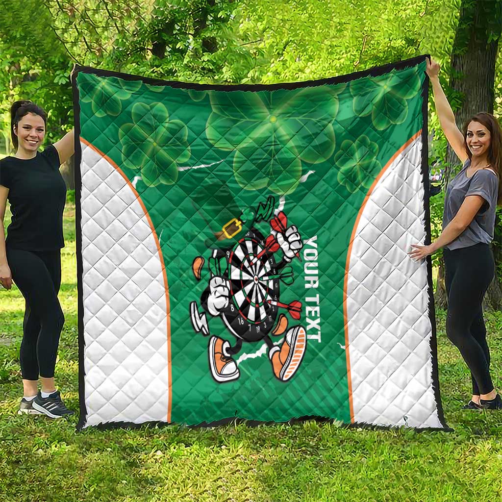Green quilt featuring Ireland darts mascot on a dartboard, clover shamrock pattern and white borders