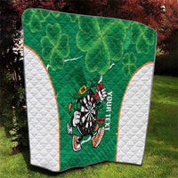 Green shamrock clover quilt with white side panels, Ireland darts mascot and “YOUR NEXT” text