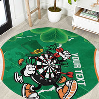 Round green darts carpet with dartboard mascot graphic and shamrock leaf design