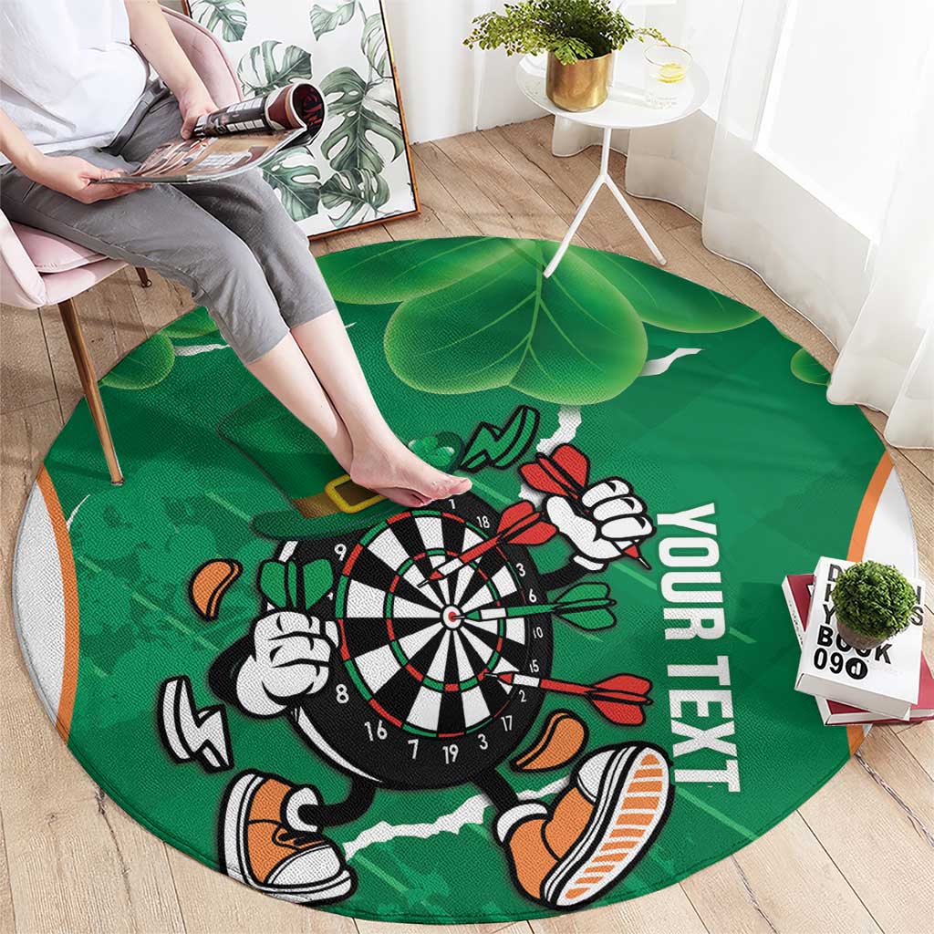 Round green darts carpet featuring dartboard mascot and 'YOUR TEXT' lettering, shamrock