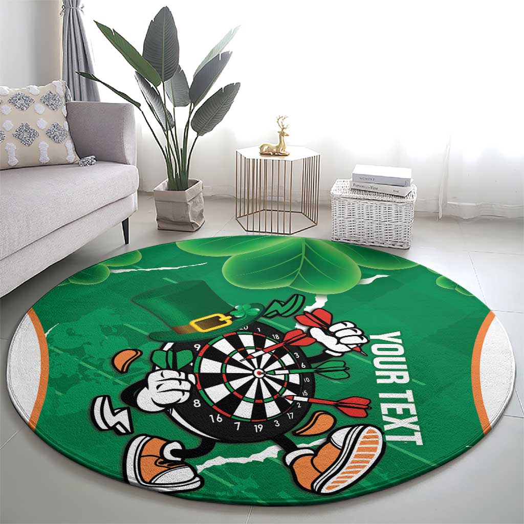 Round green darts carpet with dartboard mascot, 'YOUR TEXT' text, and shamrock leaves