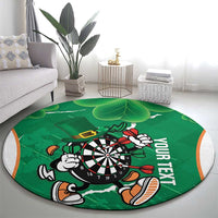 Round green darts carpet with dartboard mascot, 'YOUR TEXT' text, and shamrock leaves