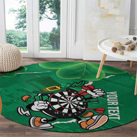 Round green darts carpet with dartboard mascot graphic and 'YOUR TEXT' lettering