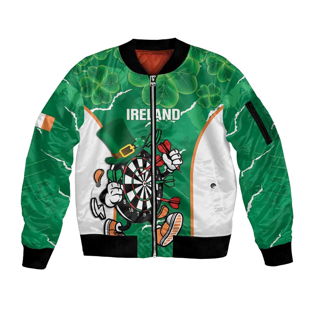 Personalised Ireland Darts Sleeve Zip Bomber Jacket Irish Dartboard Mascot Shamrock Pattern