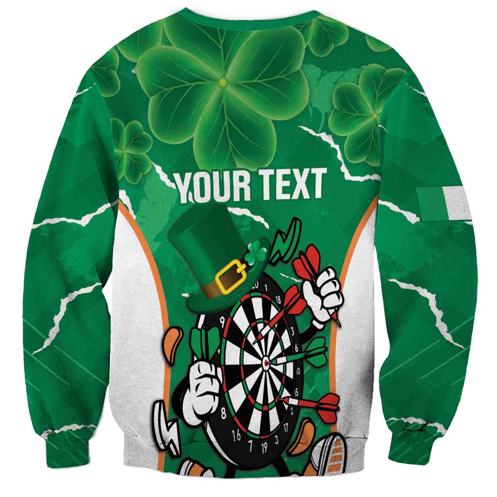 Green darts sweatshirt with clover graphic and 'YOUR TEXT' back print, long sleeves