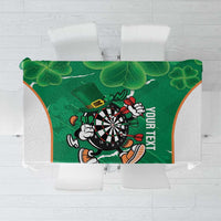 Green darts tablecloth with shamrock border and dartboard mascot graphic