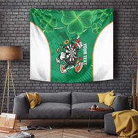 Green shamrock darts tapestry with running mascot and dartboard design, white side borders