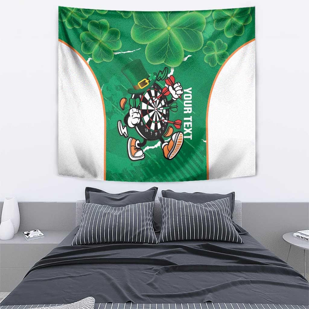 Green shamrock darts tapestry featuring central dartboard mascot, white curved border panels