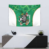 Green shamrock-pattern darts tapestry with mascot and dartboard, arched white side panels