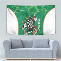 Green shamrock darts tapestry with leprechaun mascot and dartboard, white side panels