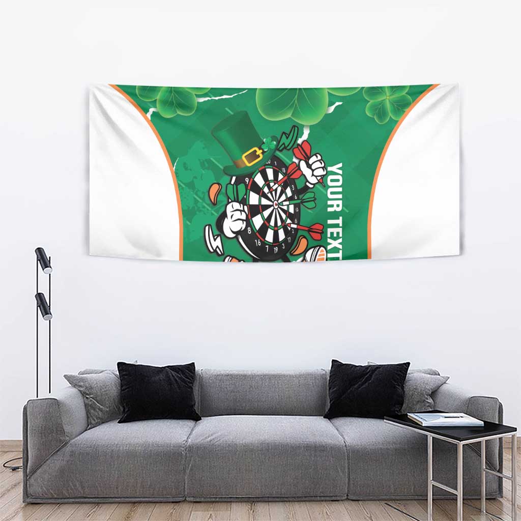 Green shamrock darts tapestry with mascot and dartboard graphic, white side folds