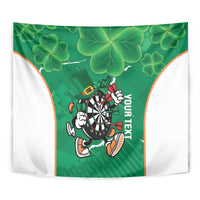 Green shamrock darts tapestry close-up with leprechaun mascot and dartboard, white side border