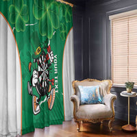 Green window curtain panels with clover leaves and darts mascot graphic