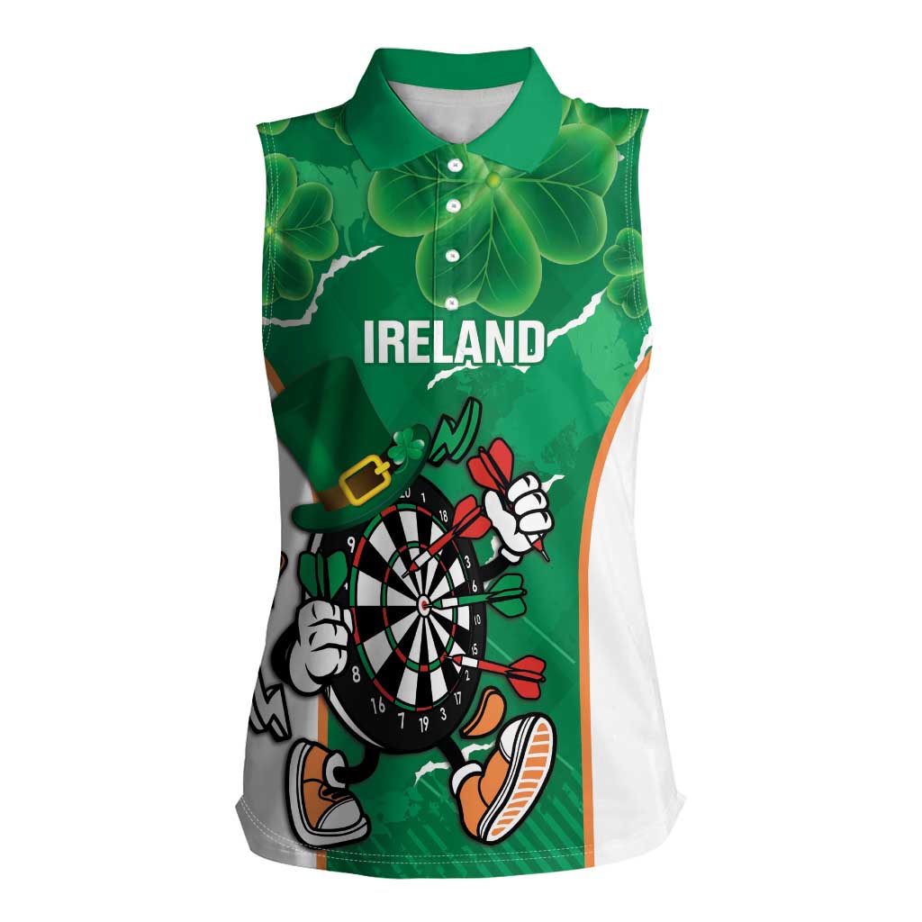 Personalised Ireland Darts Women Sleeveless Polo Shirt Irish Dartboard Mascot Shamrock Pattern