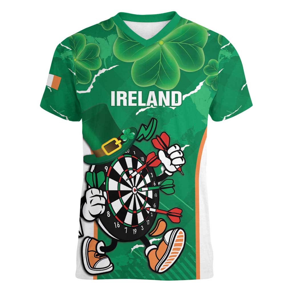 Personalised Ireland Darts Women V-Neck T-Shirt Irish Dartboard Mascot Shamrock Pattern