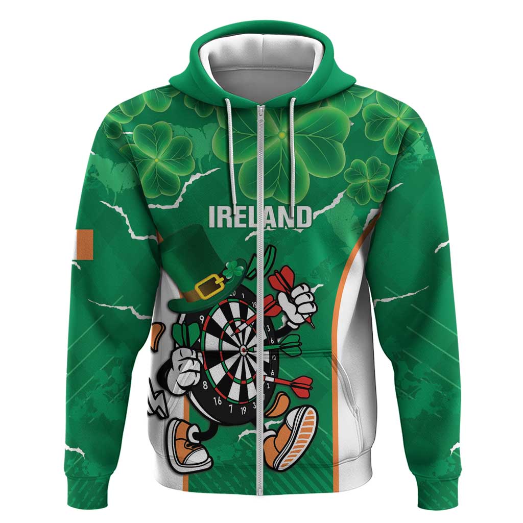 Personalised Ireland Darts Zip Hoodie Irish Dartboard Mascot Shamrock Pattern