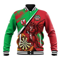 Personalised Wales darts baseball jacket, red/green split with dragon and Darts Wales logo