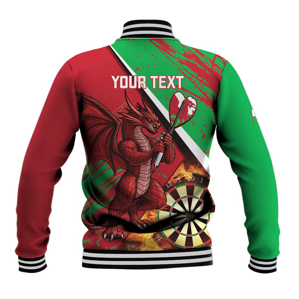 Personalised Wales darts baseball jacket back with 'YOUR TEXT' and dragon/dartboard art