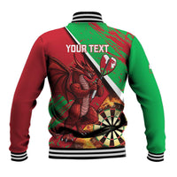 Personalised Wales darts baseball jacket back with 'YOUR TEXT' and dragon/dartboard art