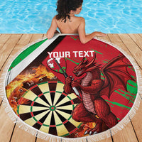 Round red darts beach blanket with fringed edge featuring dragon, dartboard, and custom text