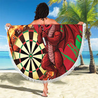 Round red darts beach blanket with fringed edge, dragon holding a trident, dartboard design