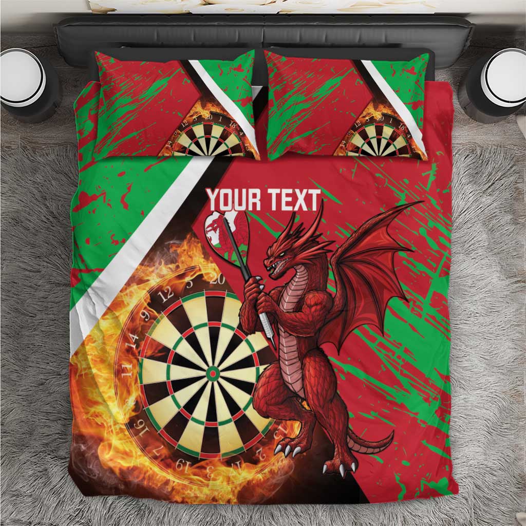 Red and green grunge bedding set with dragon, dartboard graphics and 'Your Text' duvet
