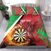 Red and green duvet with dragon dartboard art, two matching pillows, and 'Your Text'