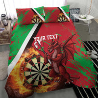Red and green bedding set showing dragon, dartboard flames, and 'Your Text' on duvet