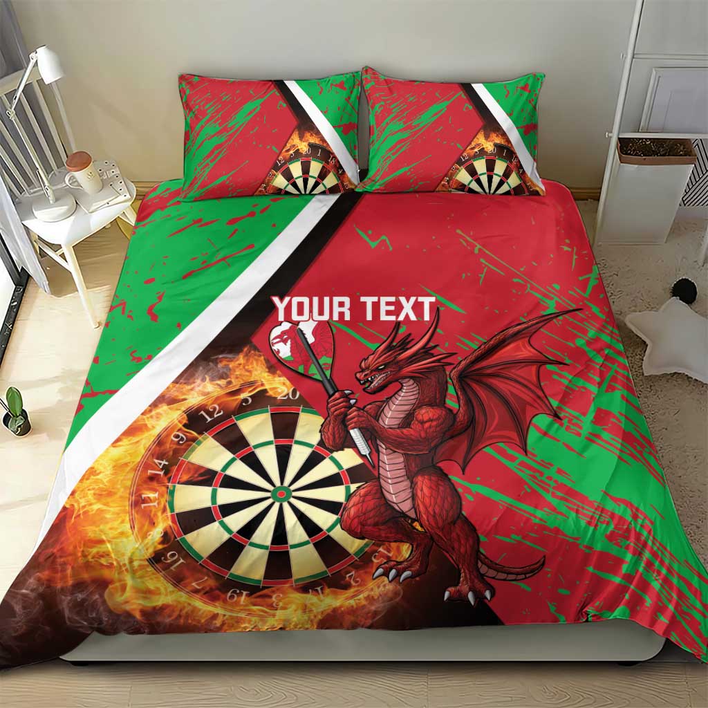 Red and green duvet set with dragon dartboard design and 'Your Text' on the front