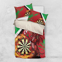 Red and green grunge style bedding set with dragon dartboard art on duvet and pillow