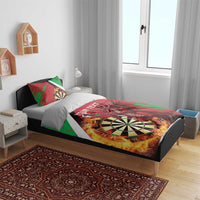 Red and green bedding set with dragon dartboard artwork and 'Your Text' on the duvet