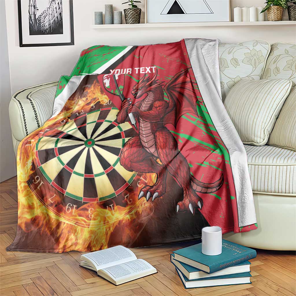 Personalized Wales darts blanket with red, green and black Welsh dragon and dartboard