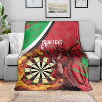 Personalized Wales darts blanket draped over sofa, red/green Welsh dragon with dartboard