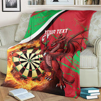 Personalized Wales darts blanket on sofa, red/green Welsh dragon art and dartboard