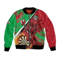 Red/green bomber jacket with black rib trim, dragon graphic and Darts Wales darts logo