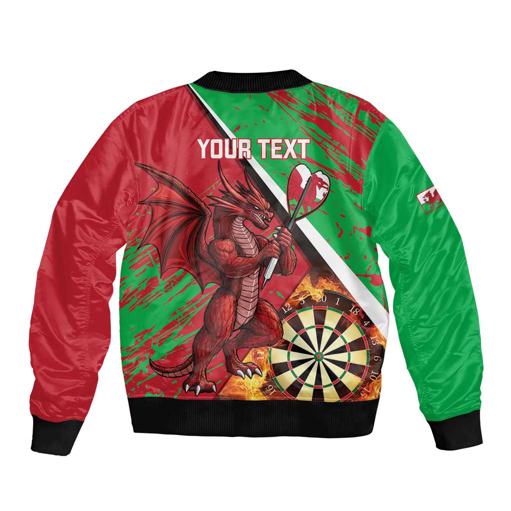Bomber jacket in red and green with black rib trim, dragon and dartboard, 'YOUR TEXT' back