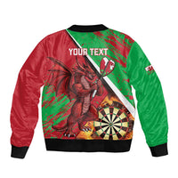 Bomber jacket in red and green with black rib trim, dragon and dartboard, 'YOUR TEXT' back