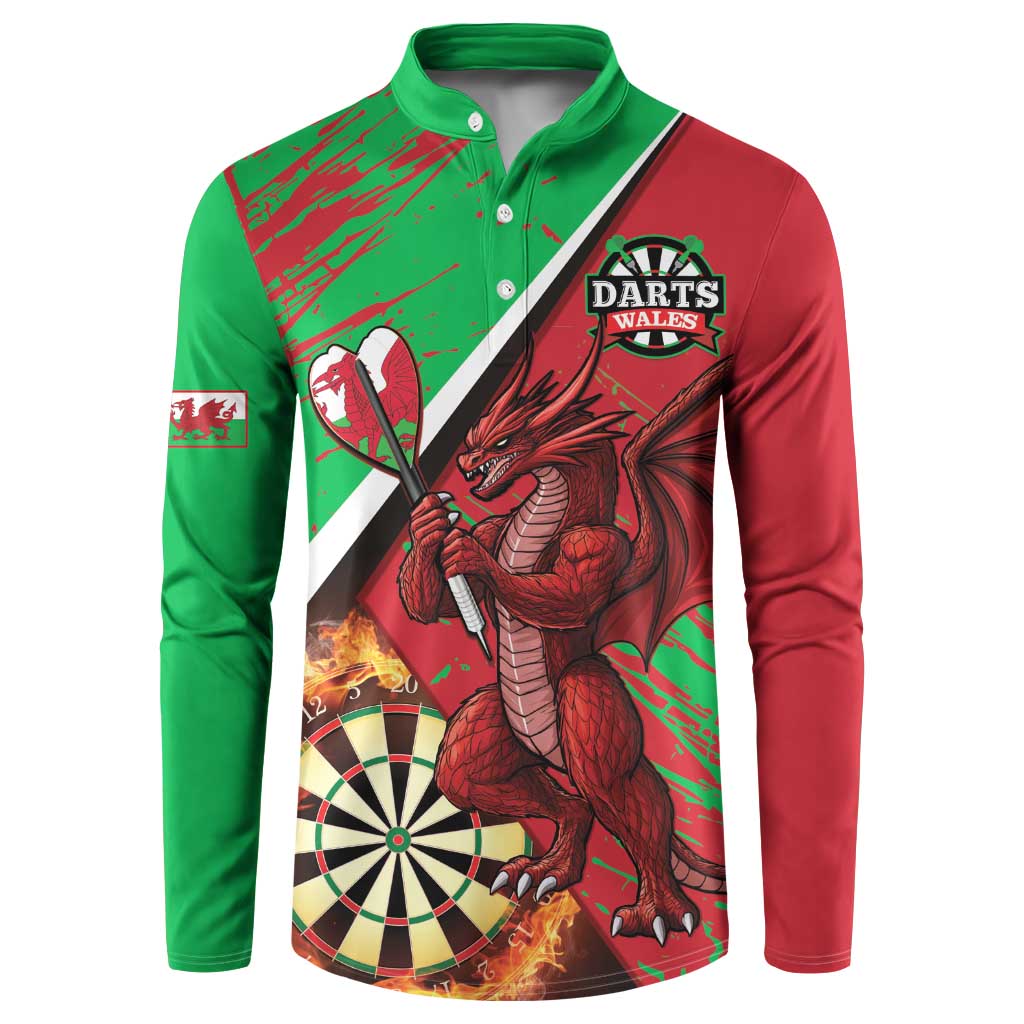 Red and green button sweatshirt with Welsh dragon, darts, dartboard and flames graphic