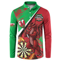 Red and green button sweatshirt with Welsh dragon, darts, dartboard and flames graphic