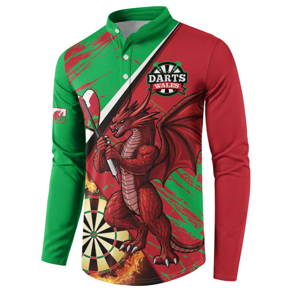 Red and green button sweatshirt with DARTS WALES badge, Welsh dragon and dartboard flames