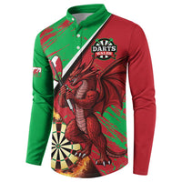 Red and green button sweatshirt with DARTS WALES badge, Welsh dragon and dartboard flames