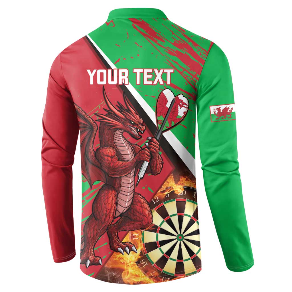 Back of red and green button sweatshirt with YOUR TEXT and Welsh dragon dartboard flames